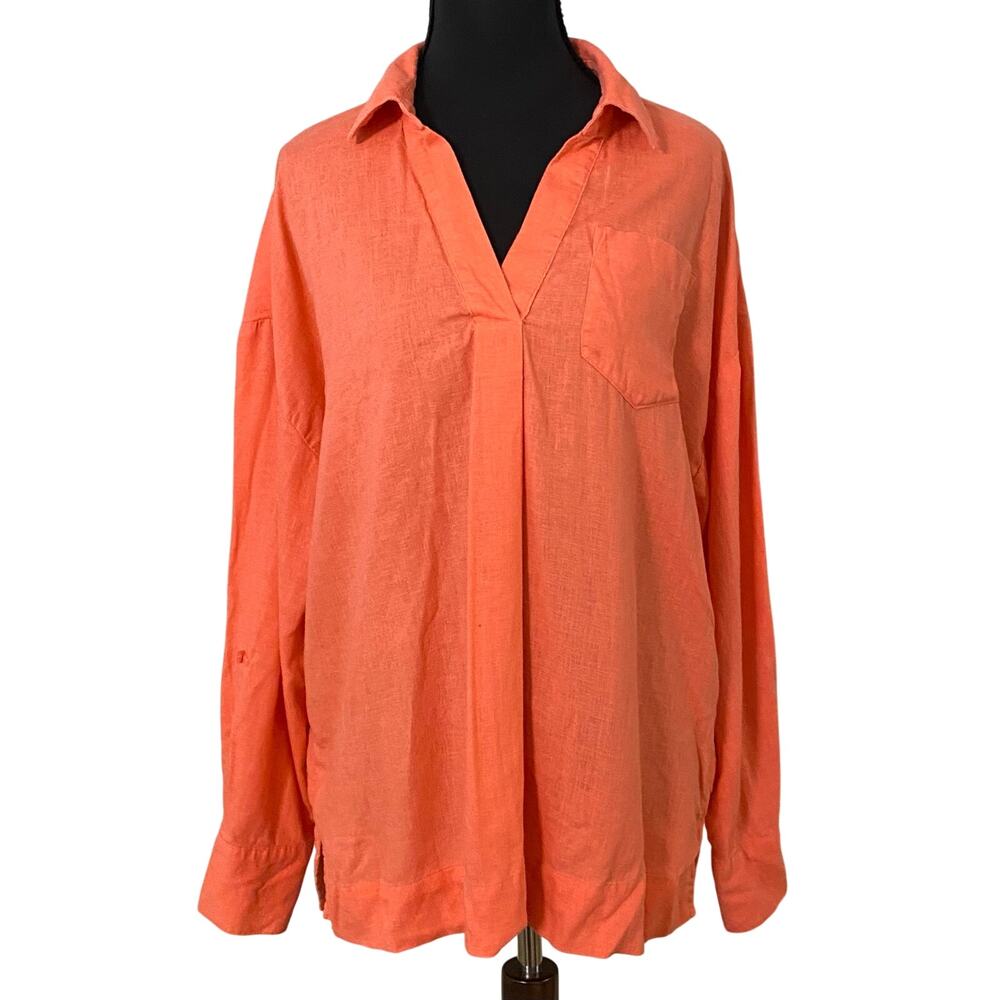 Crown & Ivy Linen Blend Coral Oversized Popover Shirt Blouse Small Coastal Beach